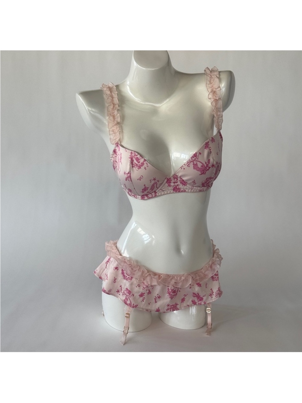 VS Sexy Little Things Mermaid Print Ruffle Straps Bra & Garter Skirt Panty